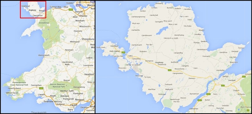 Wyspa Anglesey na mapie Walii