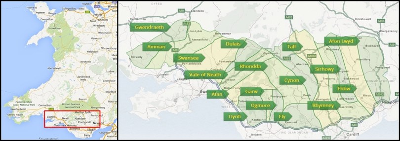 Doliny na mapie Walii (mapa Dolin za: http://www.thevalleys.co.uk/)