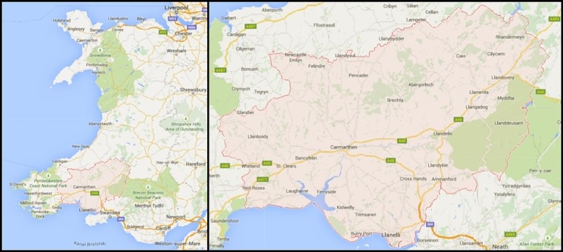 Carmarthen na mapie Walii